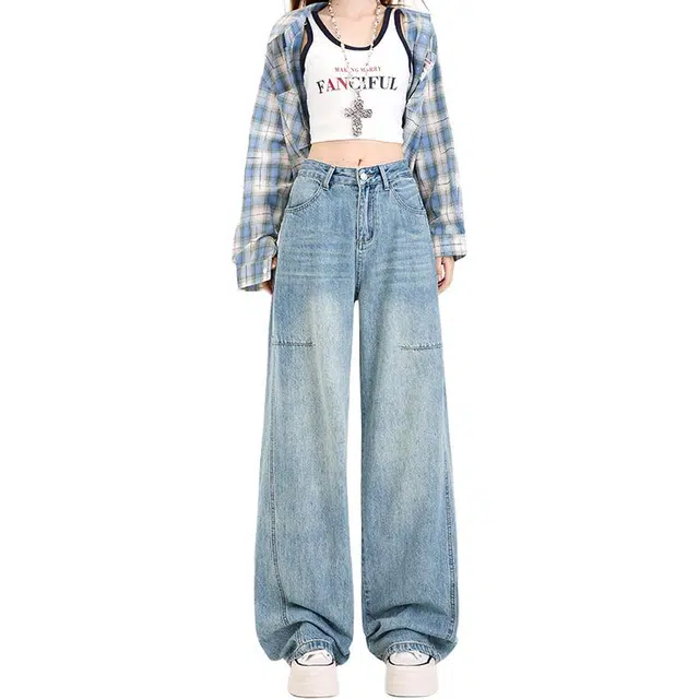 如续 早秋美式复古拼接阔腿女宽松显瘦百搭通勤拖地裤女牛仔裤 女款