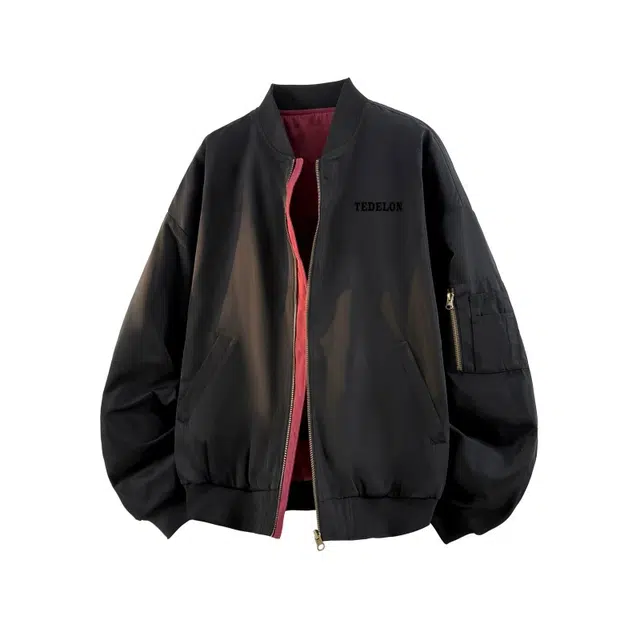 太子龍 美式复古高街潮流简约纯色字母印花双面穿防风日常通勤百搭宽松休闲柔软舒适棒球领拉链飞行服外套夹克 男女同款