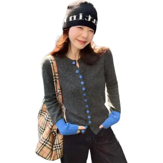 沐晓欣 撞色复古设计感开衫秋季修身显瘦单排扣时尚潮针织衫 女款