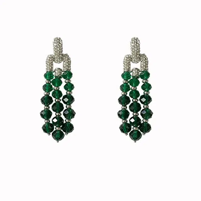 澜耀 卢浮宫秘境 祖母绿串珠流苏 欧美复古高级中古气质耳饰#好运 合金 耳环 女款