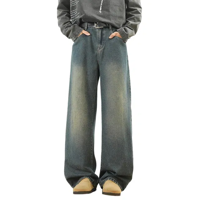 顶峰保罗 美式复古高街潮牌水洗休闲直筒无性别主义长裤百搭时尚宽松阔腿裤牛仔裤 男女同款