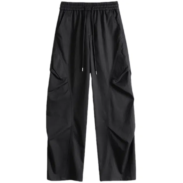 半空山 美式复古高街纯色拼接褶皱斜切降落伞兵垂感堆叠微喇休闲裤 男女同款