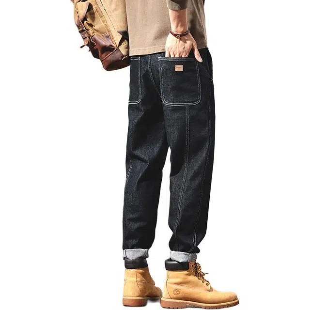 协协乐 秋冬季美式复古做旧水洗宽松直筒潮牌大码休闲锥形萝卜裤百搭运动九分裤牛仔裤 男款