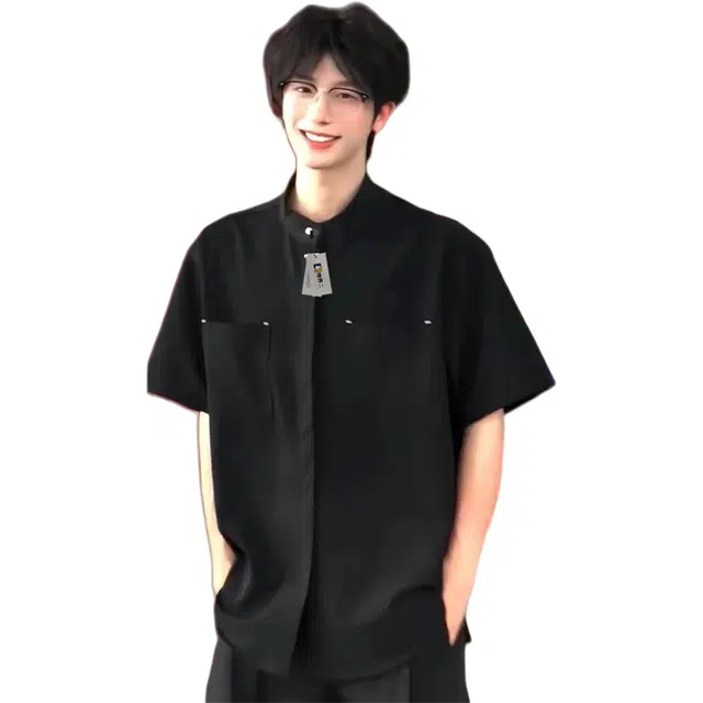 地界二 新中式立领短袖男夏季国风潮牌宽松休闲百搭冰凉感五分袖衬衣短袖夏季纯色潮衬衫 男款