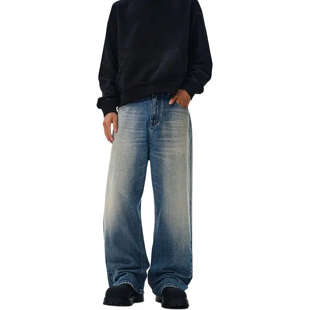 么宁 美式复古水洗宽松直筒裤简约百搭耐穿耐磨潮流时尚个性痞帅休闲阔腿牛仔裤 男女同款