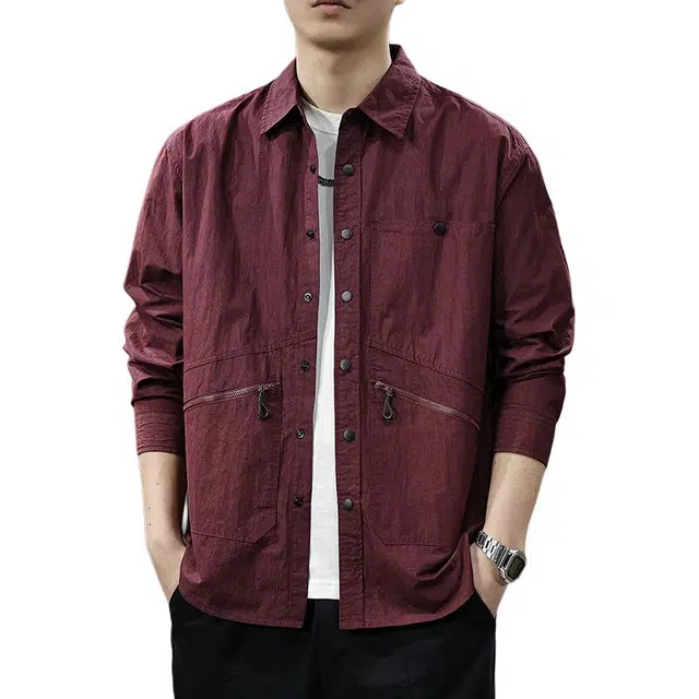 前进牛 早秋轻户外衬衣日系休闲复古潮牌工装痞帅肌理感长袖衬衫男拉链口袋衬衣美式潮牌休闲外套男衬衫 男女同款