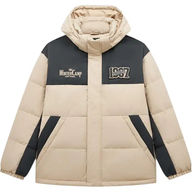 特步 潮流系列 运动休闲拼色简约连帽羽绒服 男款