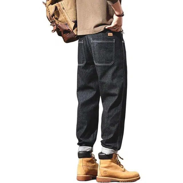 协协乐 秋冬季美式复古做旧水洗宽松直筒潮牌大码设计感休闲锥形萝卜裤百搭运动九分裤牛仔裤 男款