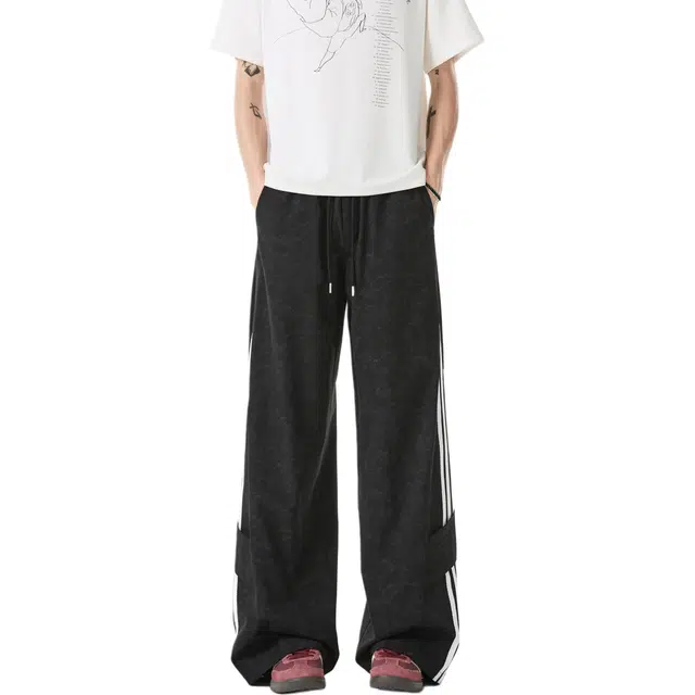 地界二 美式扎染条纹冰丝裤子拼接直筒裤潮流速干长裤休闲裤 男女同款