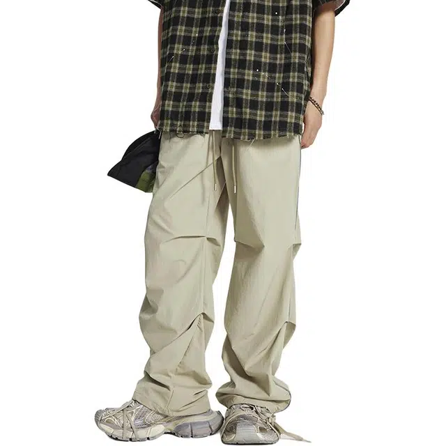 潮人榜 美式高街复古直筒工装长裤男士宽松褶皱设计春夏薄款速干运动休闲裤 男女同款