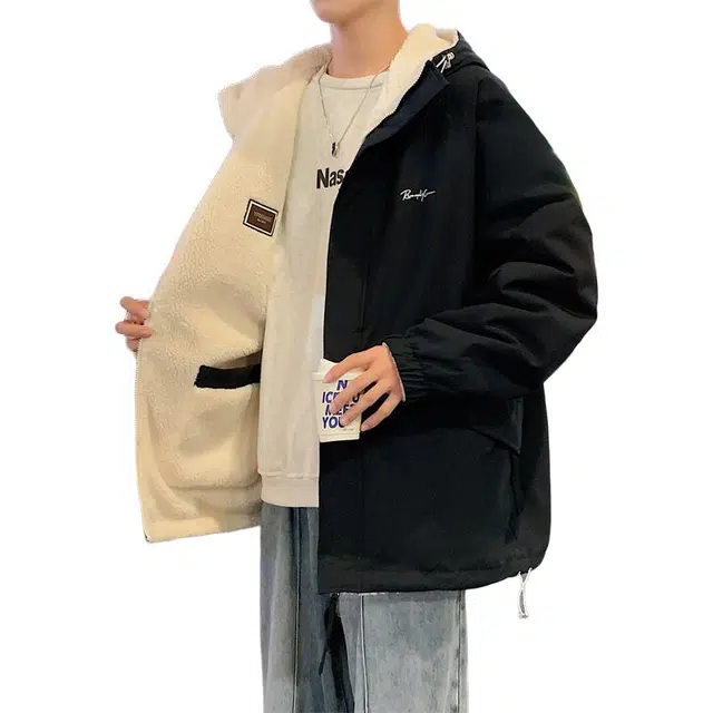 顶峰保罗 双面穿羊羔绒潮牌连帽立领宽松休闲运动外套无性别主义时尚百搭加绒加厚棉服 男女同款