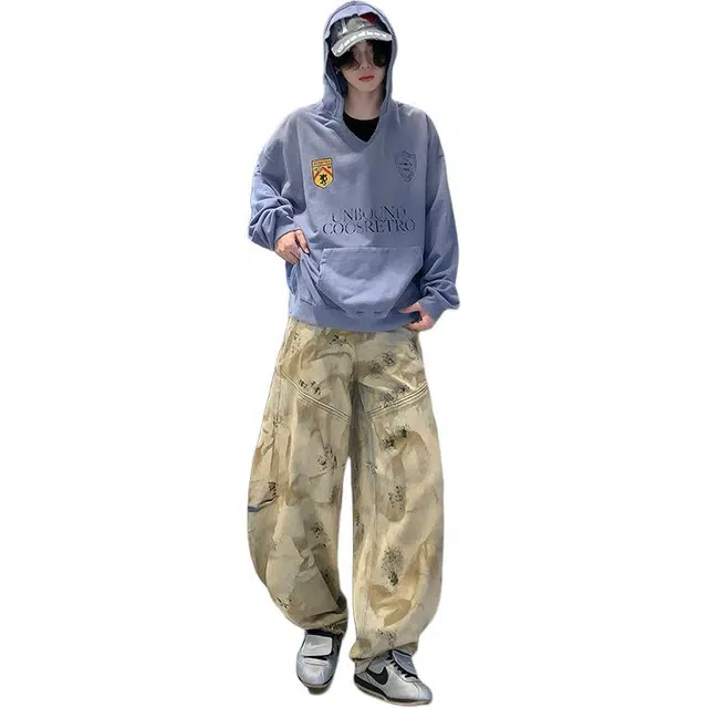 拓菲 复古怀旧脏染设计弯刀裤高腰宽松显瘦阔腿牛仔裤 男女同款