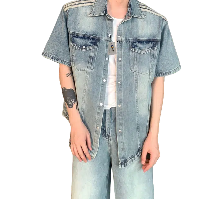 地界二 美式水洗复古牛仔男生夏季街头潮牌痞帅休闲宽松短袖衬衣复古垫肩短袖潮衬衫 男款