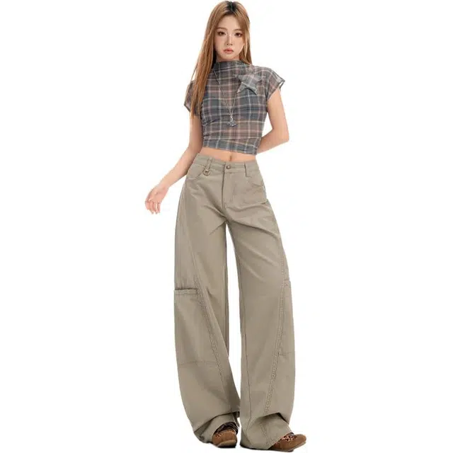 拾籍 美式复古多口袋百搭设计时尚潮流宽松拼接直筒工装休闲裤 女款