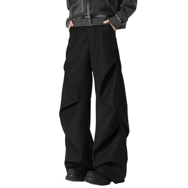 顶峰保罗 美式潮流百搭宽松直筒阔腿无性别主义长裤褶皱小众设计高级感痞帅垂感休闲裤 男女同款