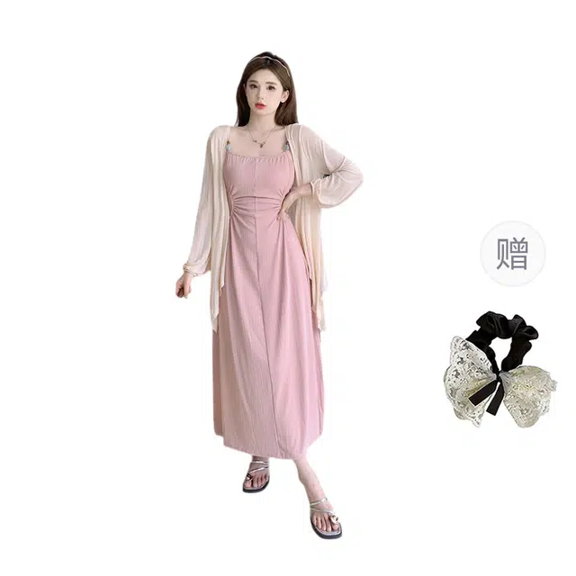 涂诗菲 大码薄开衫慵懒防晒弹力针织中长款收腰显瘦修身连衣裙裙装套装 女款