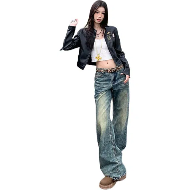 极限涡轮 美式复古高腰微喇不贴腿宽松显瘦阔腿牛仔裤 男女同款