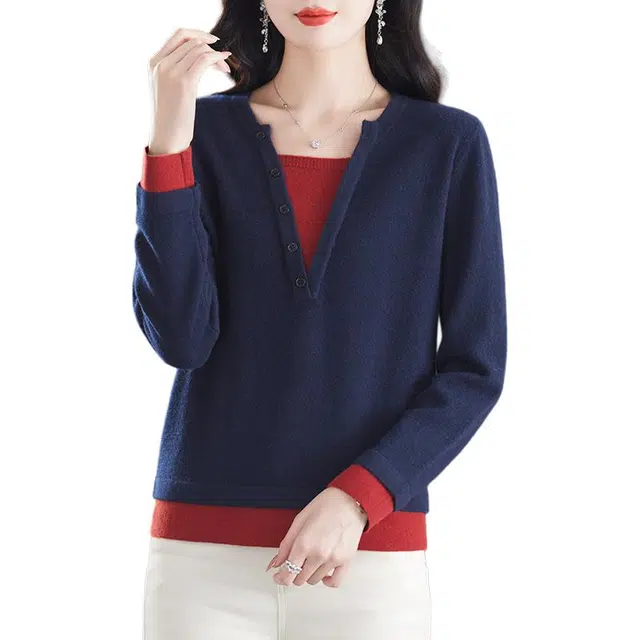 袋鼠 时尚百搭减龄拼接撞色长袖羊毛打底针织衫 女款