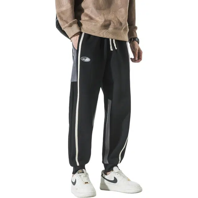 协协乐 复古做旧拼接设计感秋冬季美式潮牌宽松哈伦百搭青少年运动束脚九分裤休闲裤 男款