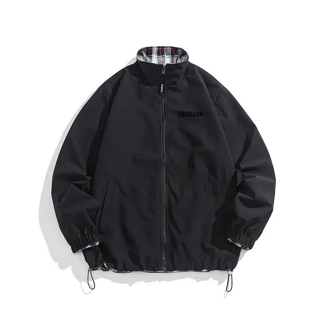 太子龍 美式复古户外字母印花格子撞色双面穿防风防水宽松休闲简约立领长袖外套夹克 男女同款