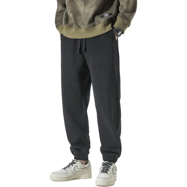 协协乐 纯色美式复古秋冬季潮牌卫裤百搭宽松青少年运动九分舒服裤休闲裤 男款