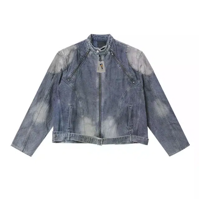地界二 美式复古水洗拉链设计男秋季街头痞帅廓形做旧垫肩夹克水洗拉链设计复古散口袖宽松型潮牛仔外套 男款
