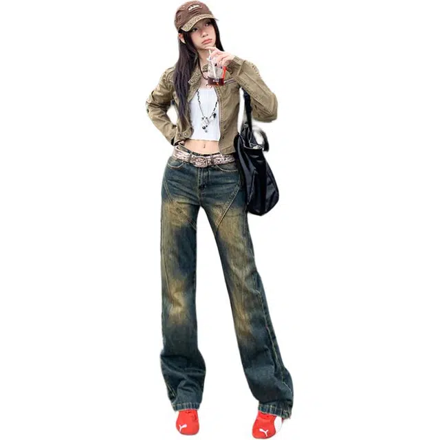 极限涡轮 小众美式复古高街微喇叭裤高腰直筒水洗做旧牛仔裤 男女同款