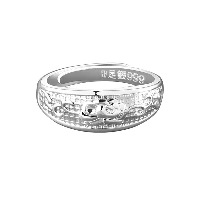 【999银】 银意坊 国色牡丹 大气 时尚 气质 宽面 纯银实心 可调节 中老年人 食指戒子 礼盒装 足银 戒指 女款