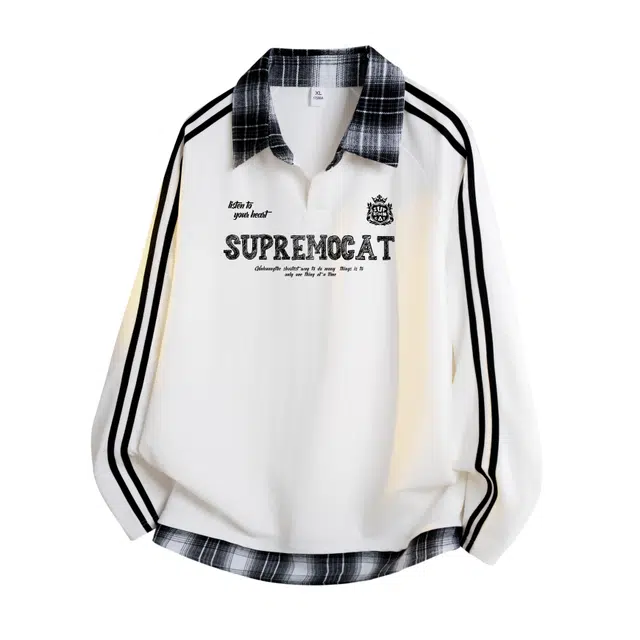 吾皇猫 美式学院风拼接格纹撞色潮牌字母印花设计时尚痞帅百搭宽松舒适休闲通勤长袖卫衣 男女同款