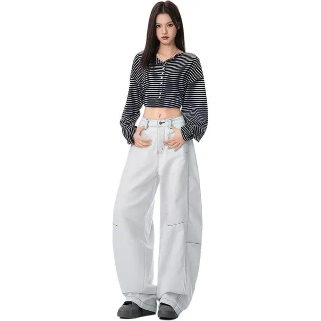 淑好百 拼接撞色秋季宽松休闲高腰牛仔裤 女款