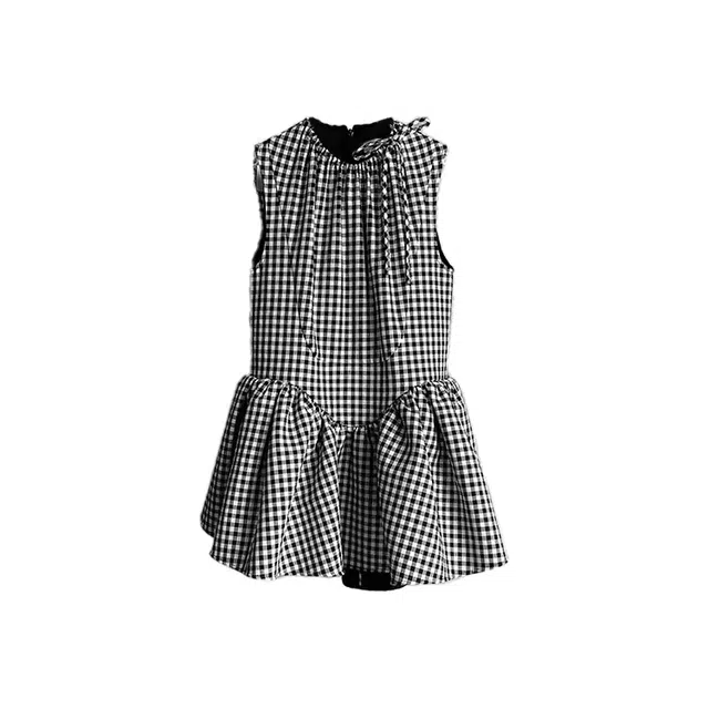 敲模女孩 法式学院风收腰格纹设计感圆领蓬蓬公主裙无袖连衣裙 女款