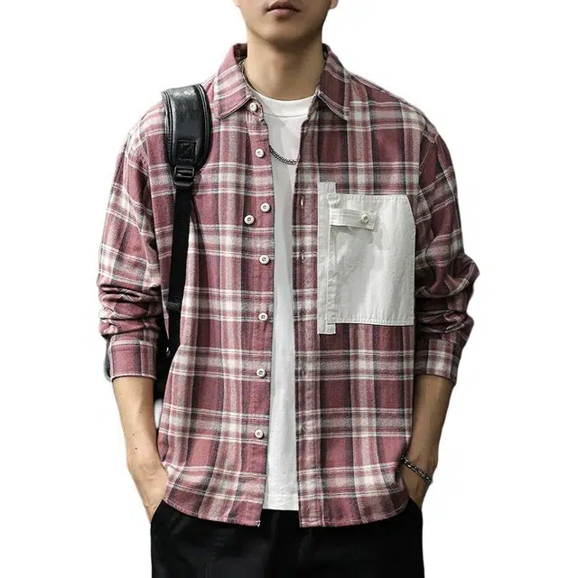 前进牛 美式休闲高街潮牌痞帅小众设计贴布口袋格子纯棉磨毛长袖衬衣美式宽松休闲外套衬衫 男女同款