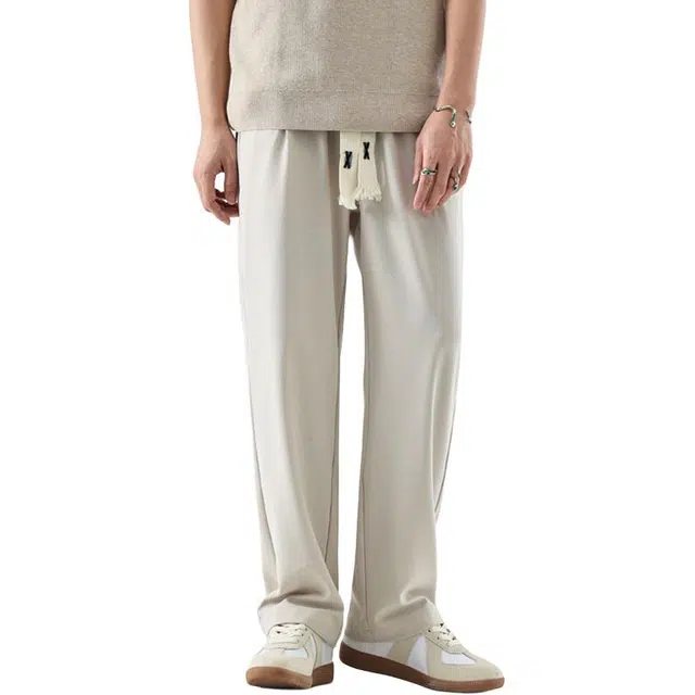潮人榜 通勤风简约纯色长裤男士宽松直筒夏季薄款系带设计弹力休闲裤 男女同款