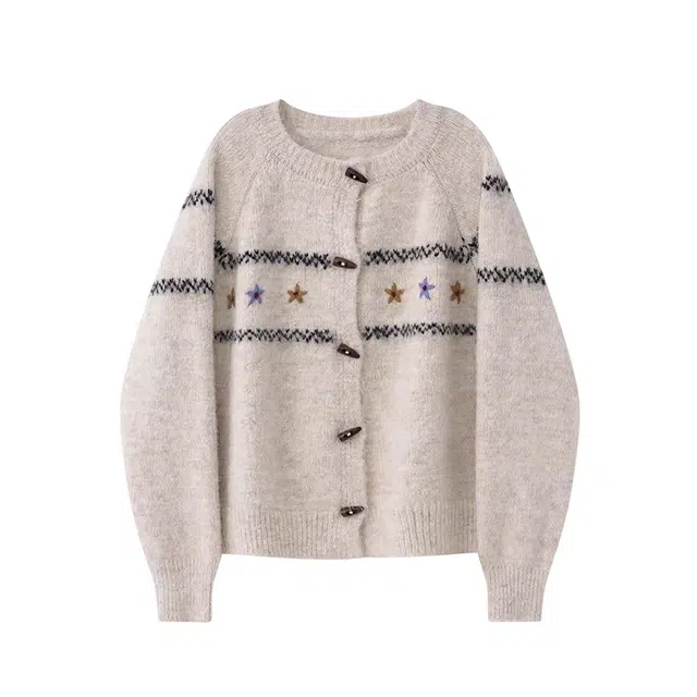 花蔓色 韩系圆领秋冬高级感提花设计时尚长袖开衫针织衫 女款