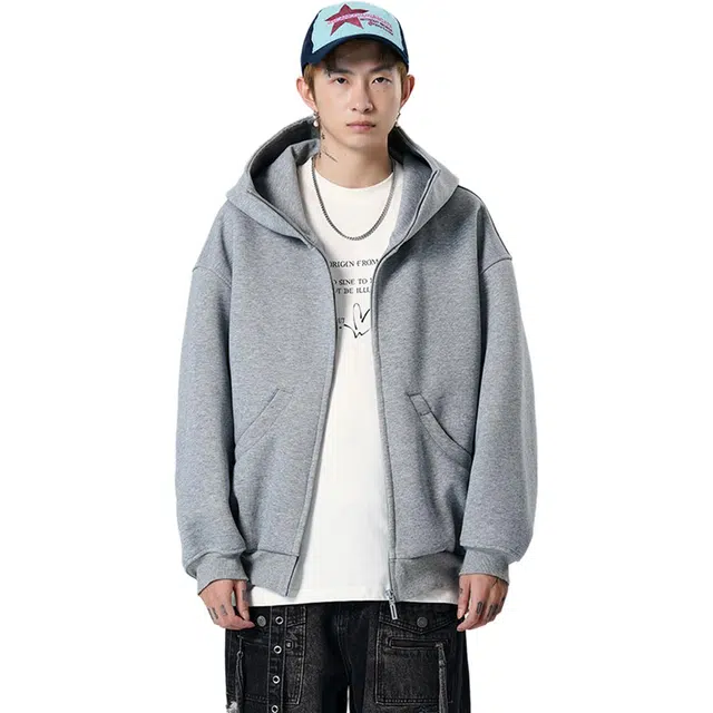 寻星记 美式高街时尚百搭重磅纯色连帽拉链春秋季潮牌高级感外套上衣卫衣 男女同款