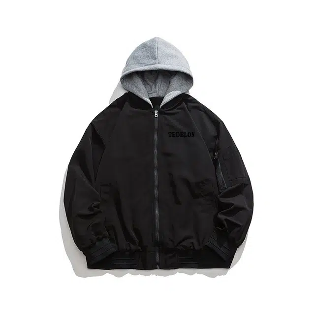 太子龍 美式复古纯色飘带拉链口袋户外高街可脱卸帽宽松落肩休闲飞行员外套夹克 男女同款