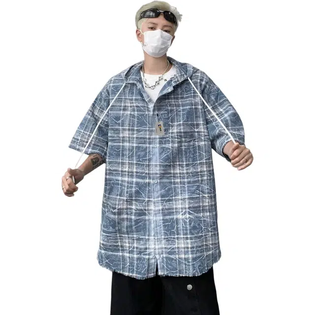 地界二 美式复古工装格子短袖男生夏季高街潮牌休闲宽松连帽半袖衬衣复古格子短袖潮衬衫 男款