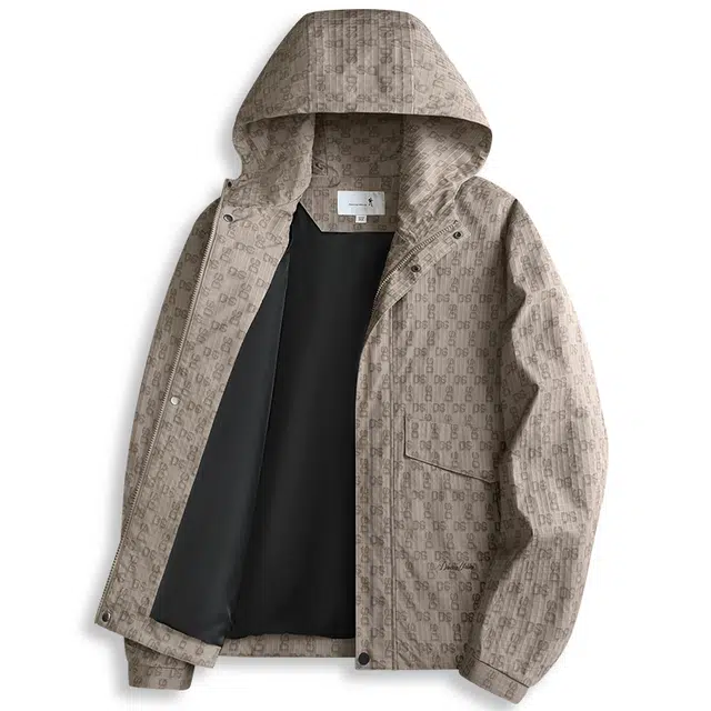 与狼共舞 潮流高街风时尚满身印花休闲户外百搭抗皱防风连帽夹克外套 男款 卡其