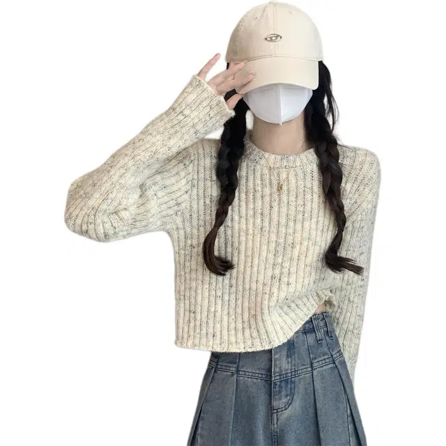 缪斯的诱惑 秋冬韩系慵懒百搭纯色细闪圆领套头短款上衣针织衫 女款