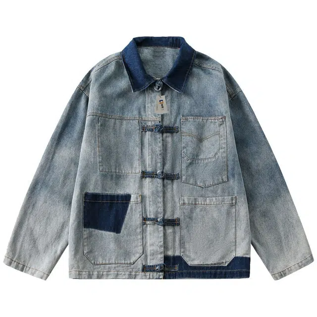 地界二 新中式国风复古水洗拼接撞色男休闲宽松盘扣水洗拼接撞色常规宽松牛仔外套 男款