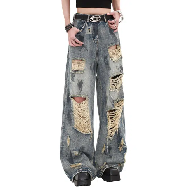 地界二 美式复古废土风泼墨破洞男高街潮牌宽松休闲阔腿直筒长裤复古废土风泼墨宽松潮流中腰长裤牛仔裤 男款