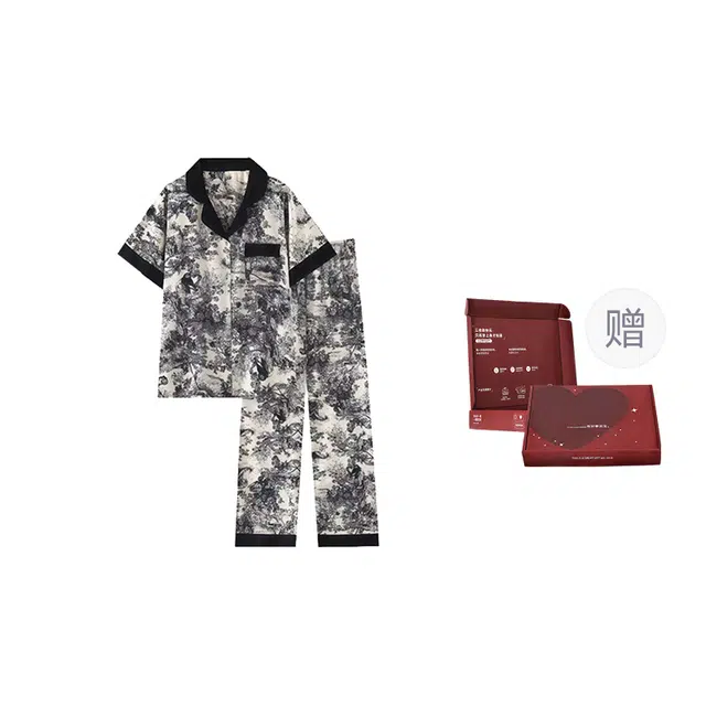 顶瓜瓜 棉质短袖长裤翻领开衫国风休闲情侣家居服夏季睡衣礼盒 男女同款