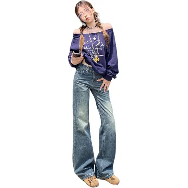 极限涡轮 美式高街复古水洗直筒高腰显瘦垂感拖地牛仔裤 男女同款