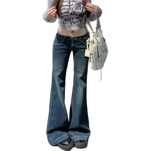 淑好百 弹力阔腿直筒中低腰牛仔裤 女款