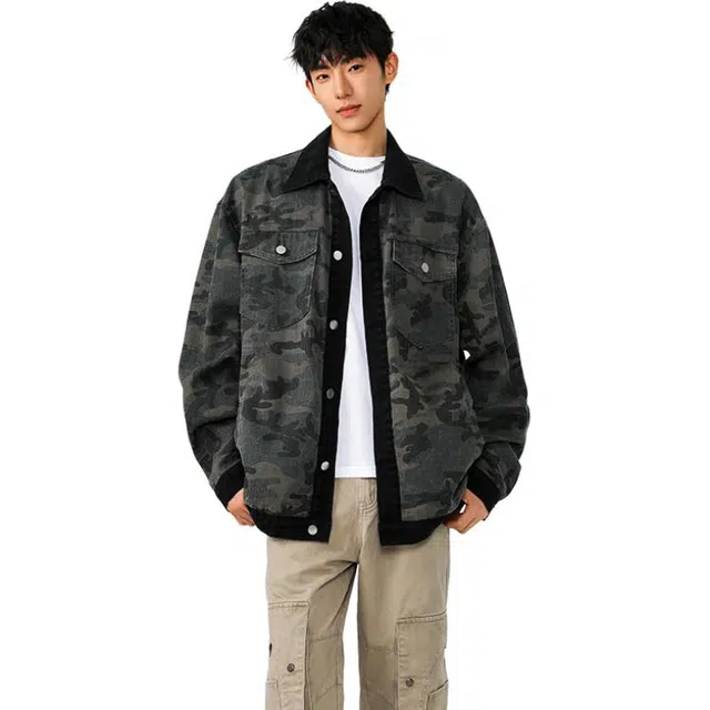 佐菲利 迷彩潮牌美式复古拼色工装夹克春秋季休闲上衣服牛仔外套 男女同款