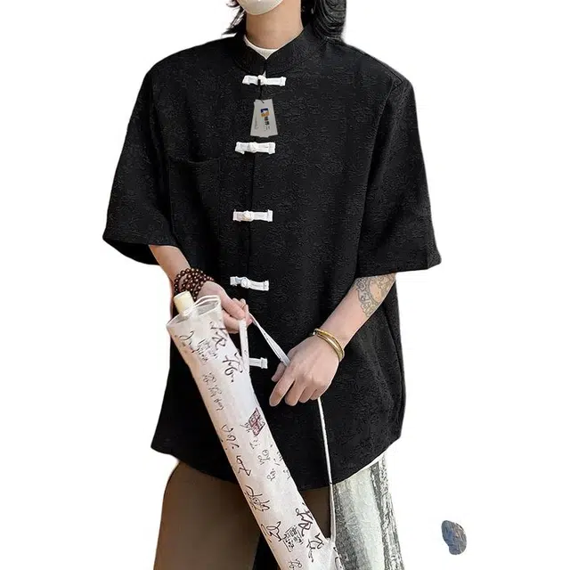 地界二 新中式国风盘扣设计感短袖潮牌宽松中山装衬衣外套设计感短袖夏季中式衬衫 男款