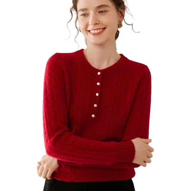 袋鼠 时尚优雅气质圆领纯色套头质感纹路打底羊绒衫 女款