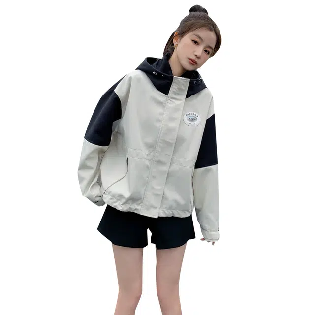 稻草人 连帽夹克短款小个子拼色工装风衣 女款