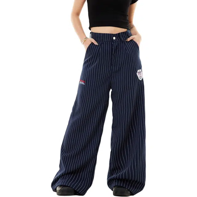 洞洞拐 美式覆古条纹宽松阔腿裤垂感直筒拖地长裤休闲裤 男女同款