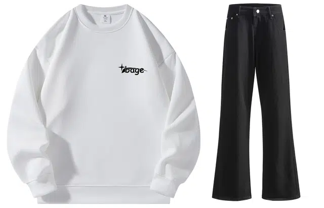 八哥 复古高街学院风字母星星纯色圆领卫衣垂感百搭宽松慵懒水洗弯刀裤休闲运动套装 男女同款